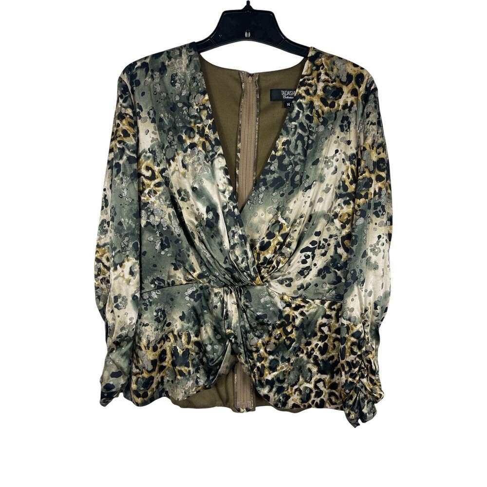 Tadashi Collection Silk Blouse 14 Leopard Animal Print Ruched Draped Surplice